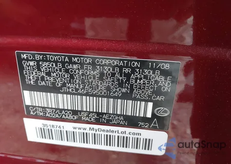 2009 Lexus Ls 460 from USA, damaged, VIN JTHCL46F595001649